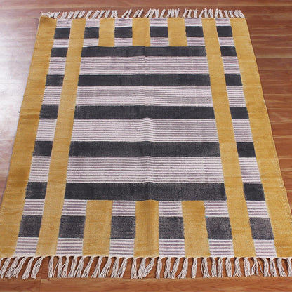 Hand Block Print Work Striped Trendy Yellow Black Living Area Cotton Rug