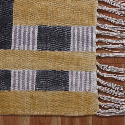 Hand Block Print Work Striped Trendy Yellow Black Living Area Cotton Rug