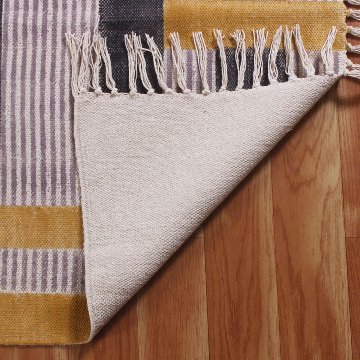 Hand Block Print Work Striped Trendy Yellow Black Living Area Cotton Rug