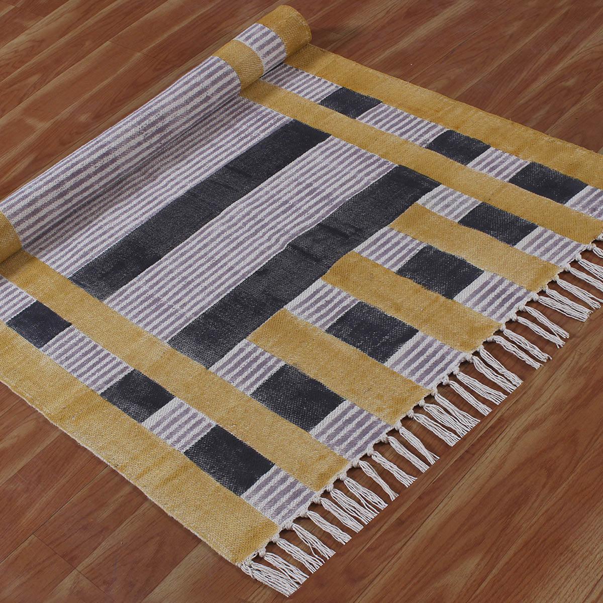 Hand Block Print Work Striped Trendy Yellow Black Living Area Cotton Rug