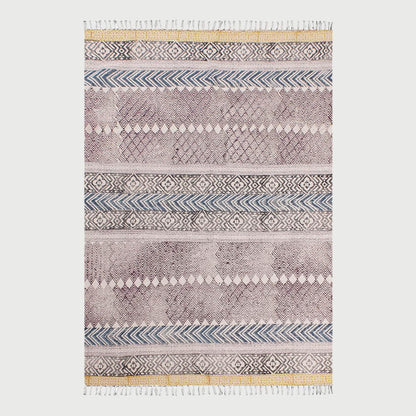 Hand Block Print Work Geometric Trendy Brown Blue Living Area Cotton Rug