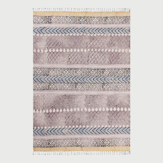 Hand Block Print Work Geometric Trendy Brown Blue Living Area Cotton Rug