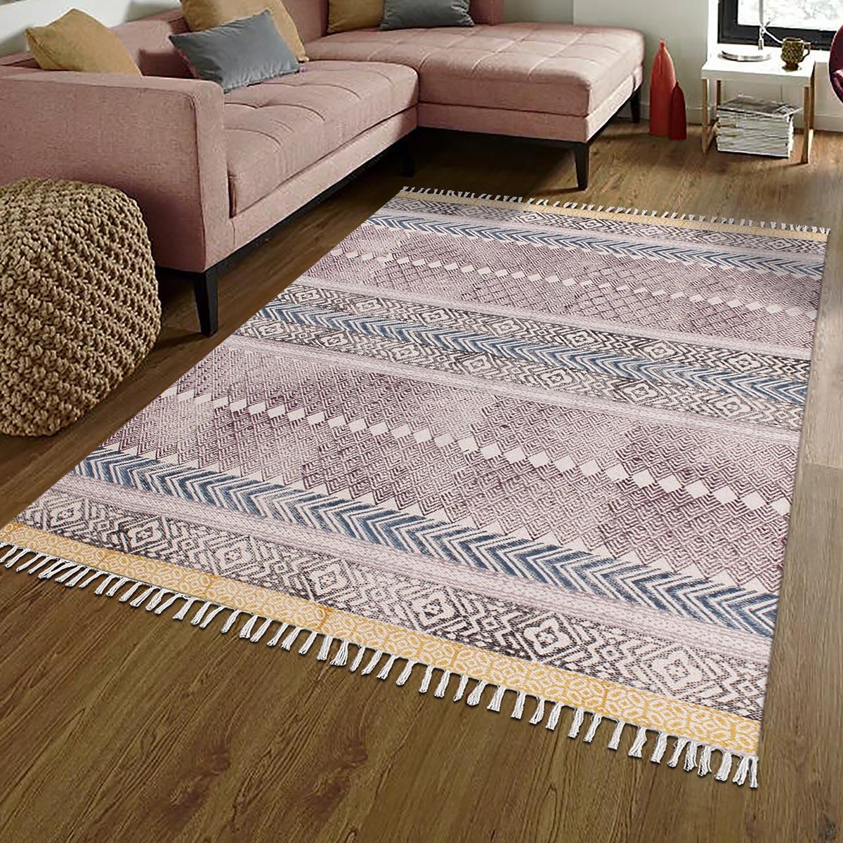 Hand Block Print Work Geometric Trendy Brown Blue Living Area Cotton Rug