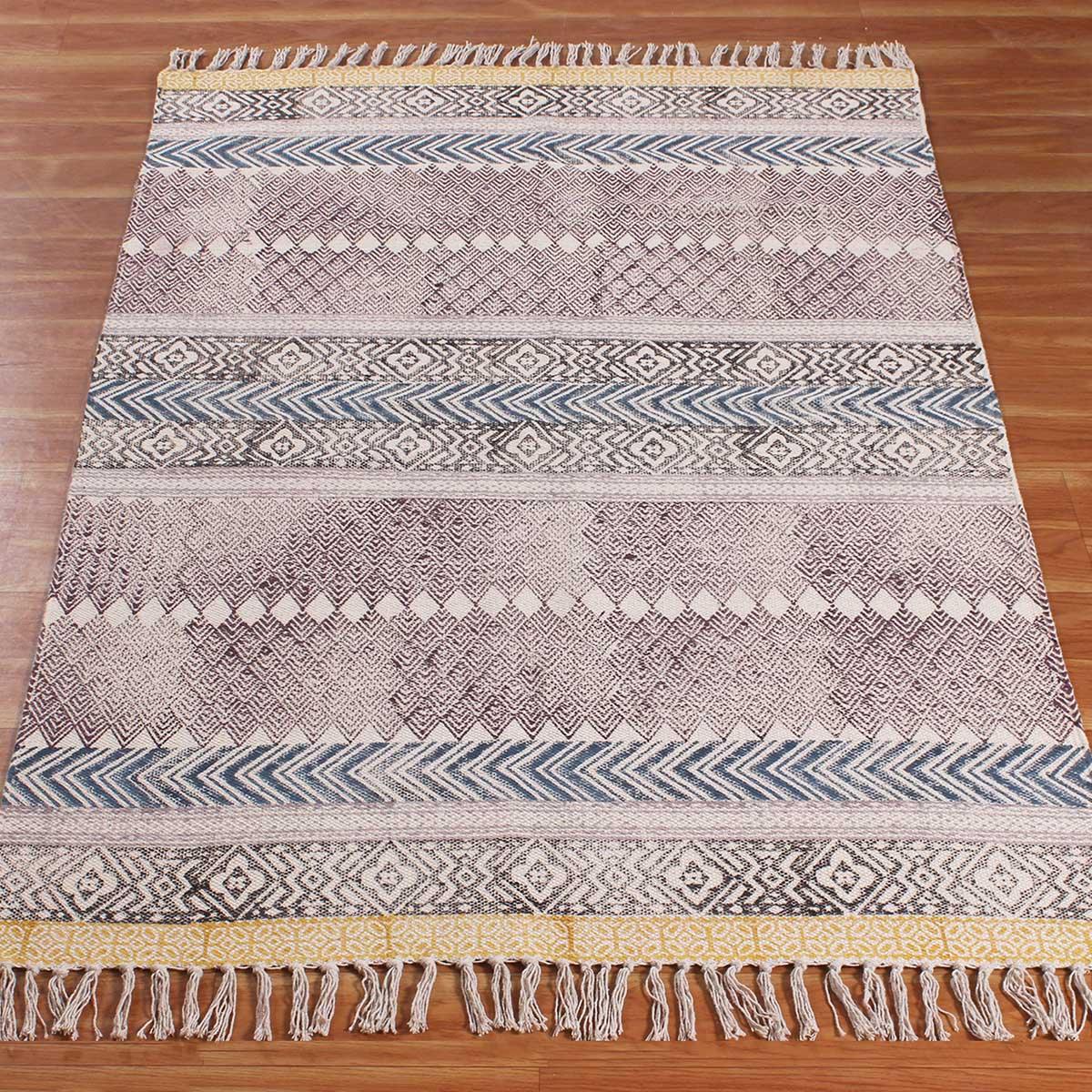 Hand Block Print Work Geometric Trendy Brown Blue Living Area Cotton Rug