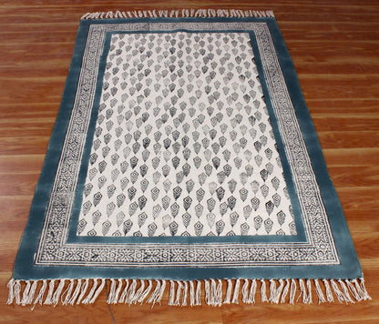 Alfombra de algodón con estampado de bloques a mano, estilo oriental, en azul y negro, para decoración de letrinas