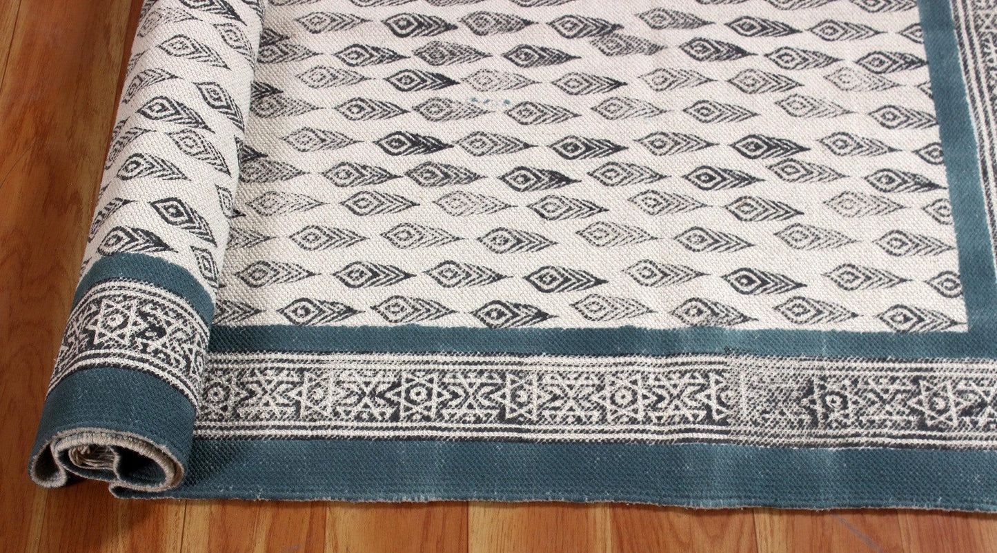 Hand Block Print Work Blue Black Oriantal Trendy Outhouse Decor Cotton Rug