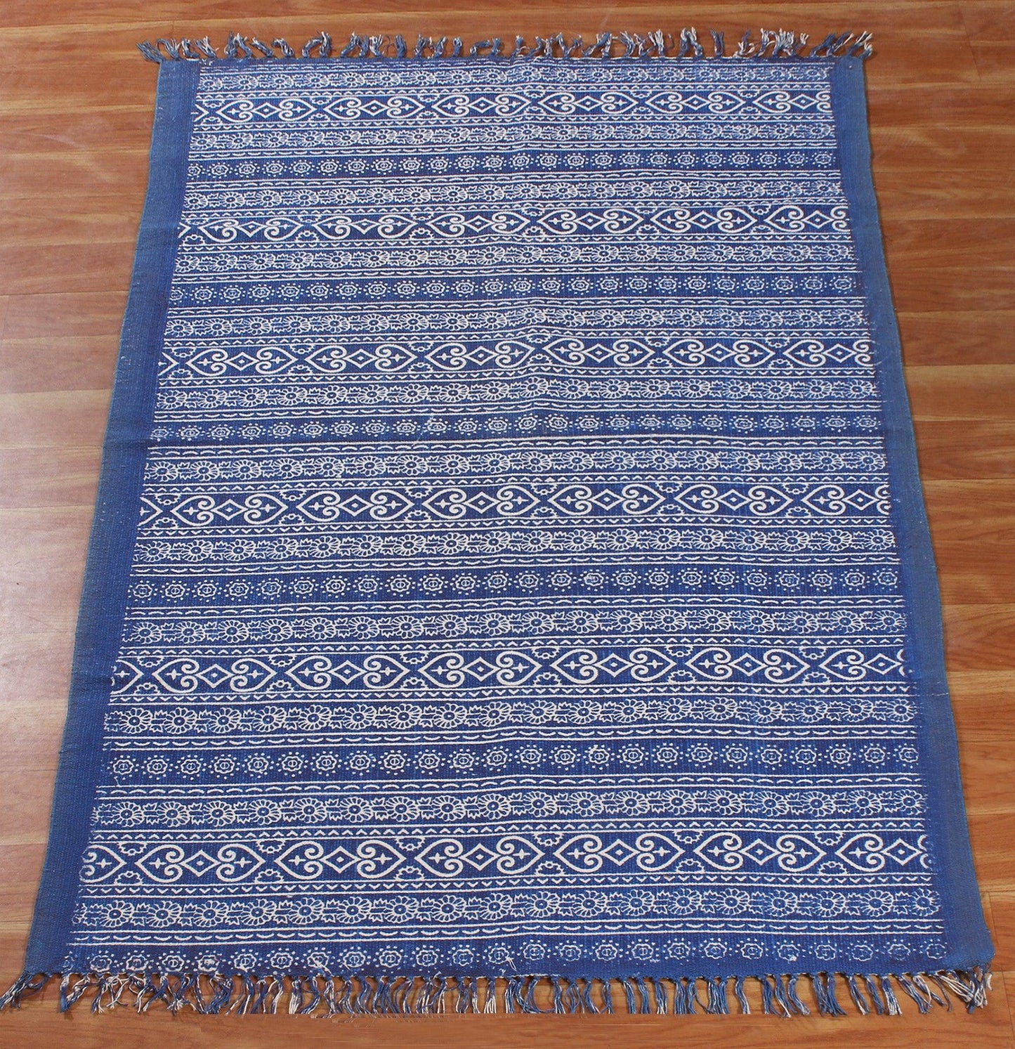 Hand Block Print Work Blue Beige Striped Outhouse Decor Cotton Rug