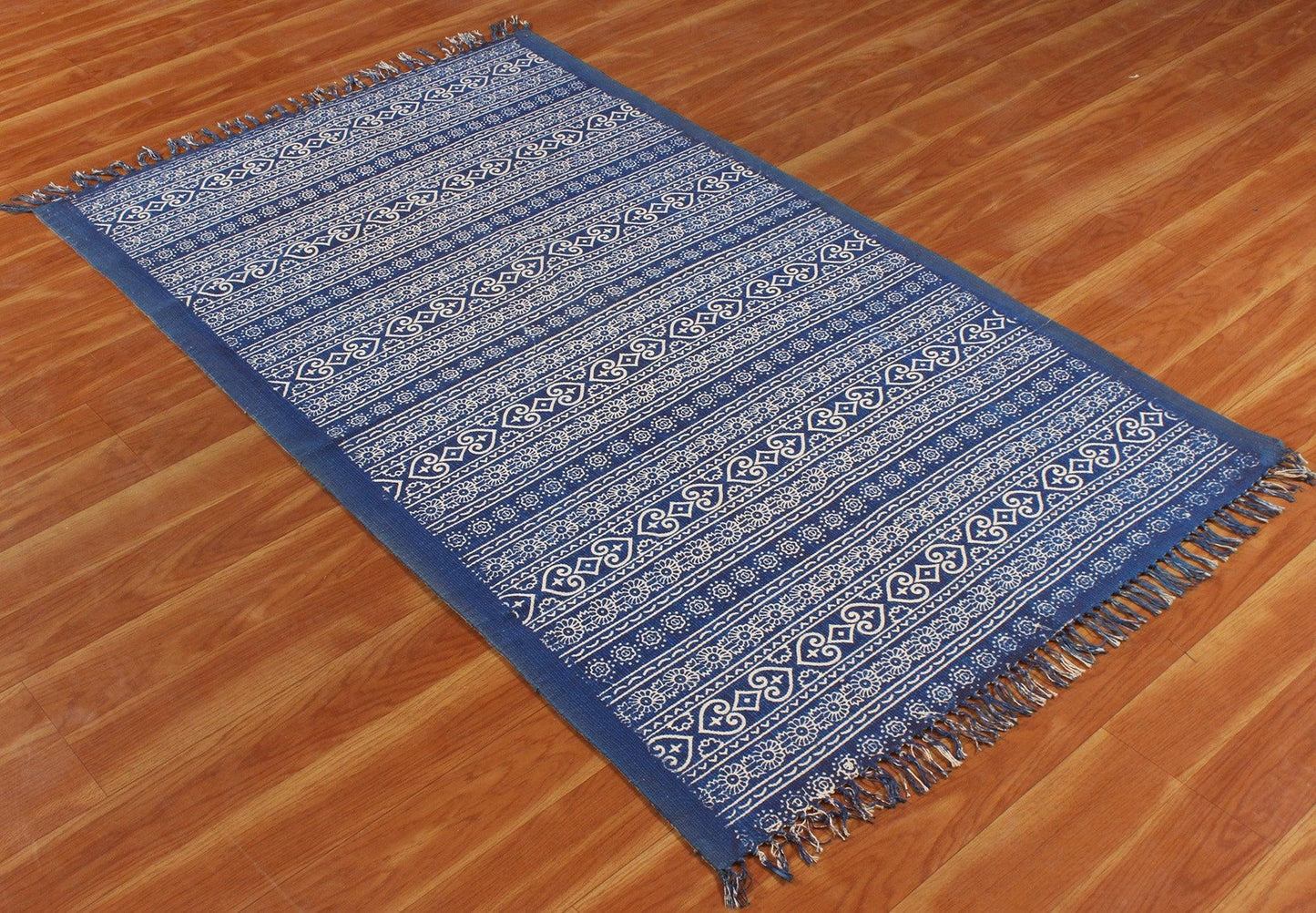 Hand Block Print Work Blue Beige Striped Outhouse Decor Cotton Rug