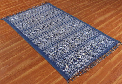 Hand Block Print Work Blue Beige Striped Outhouse Decor Cotton Rug