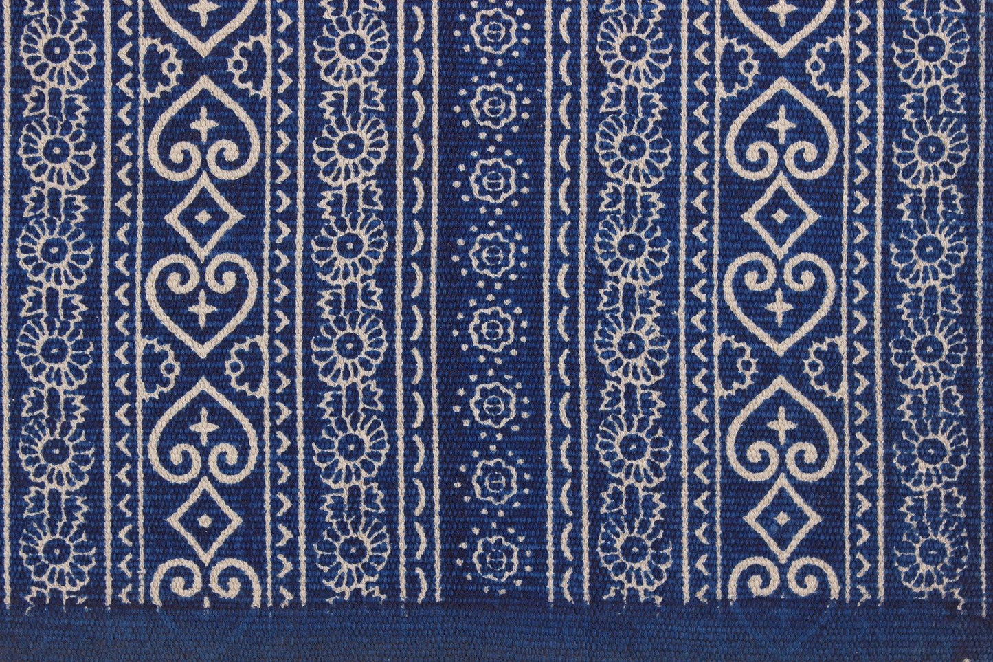 Hand Block Print Work Blue Beige Striped Outhouse Decor Cotton Rug