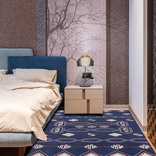 Tappeto in cotone con stampa a blocchi a mano, blu e beige, decorazione geometrica per la dependance Tappeto in cotone con stampa a blocchi a mano, blu e beige, decorazione geometrica per la dependance