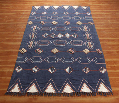 Hand Block Print Work Blue Beige Geometric Outhouse Decor Cotton Rug