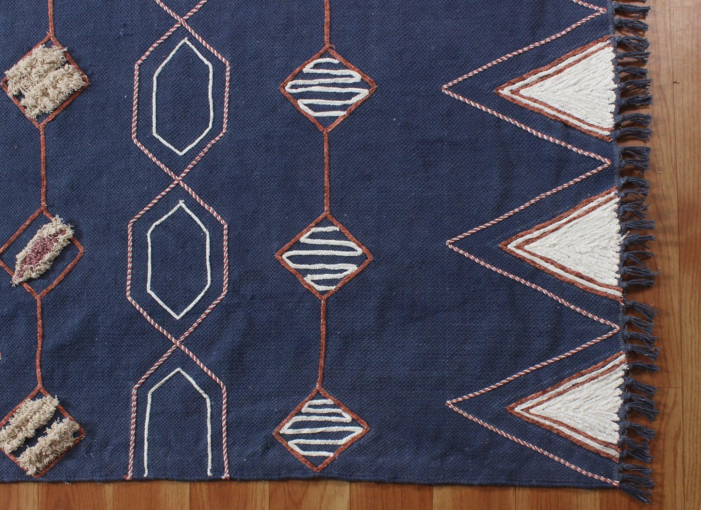 Hand Block Print Work Blue Beige Geometric Outhouse Decor Cotton Rug