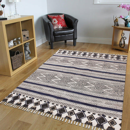 Geometric Hand Tufted Work Blue Black Entrance Decor Cotton Rug