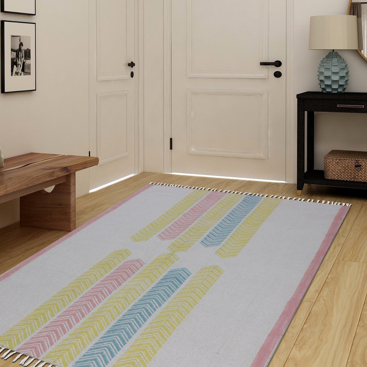 Striped Hand Block Print Work Yellow Gray Attractive Entrance Decor Cotton Rug