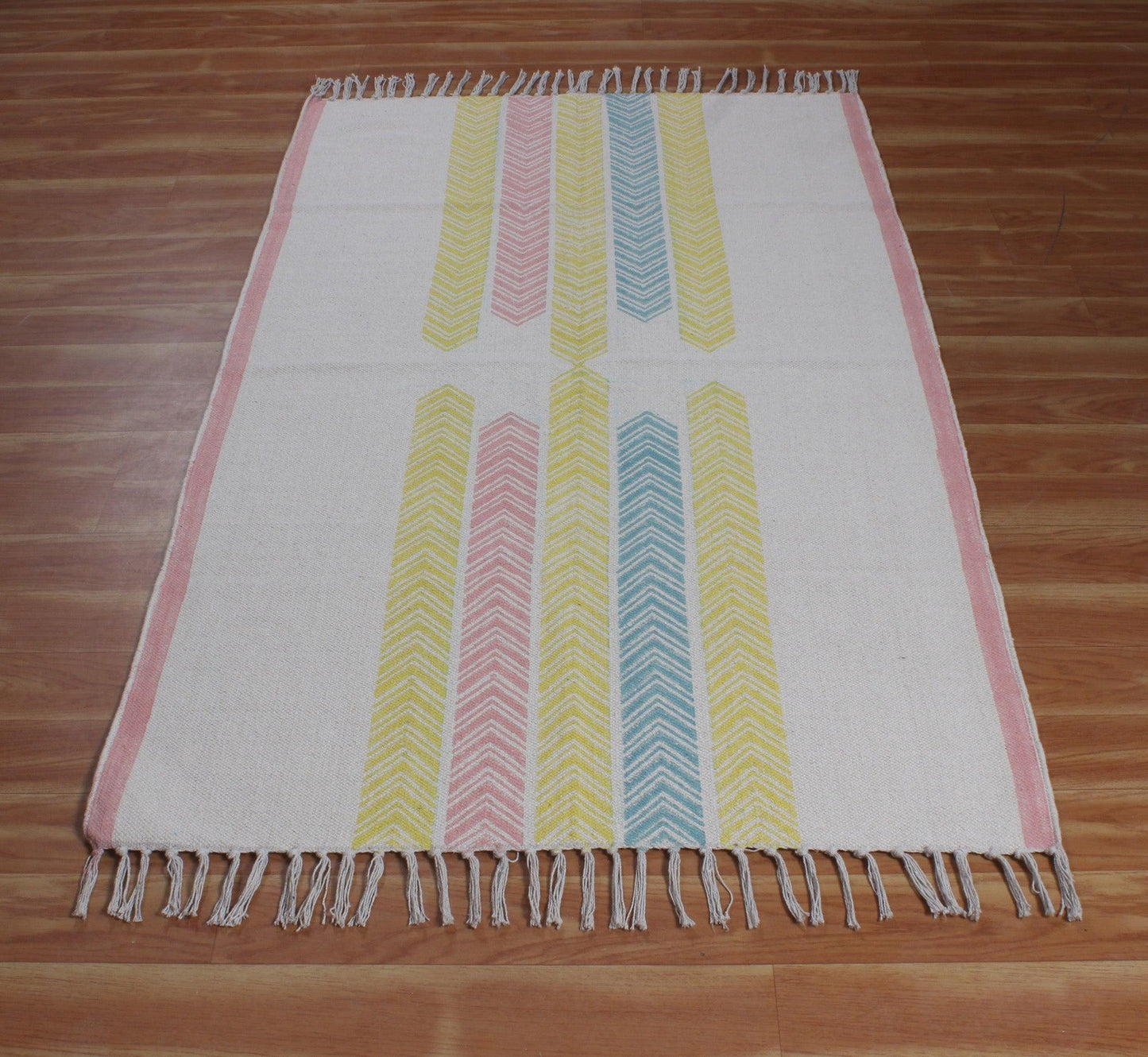 Striped Hand Block Print Work Yellow Gray Attractive Entrance Decor Cotton Rug