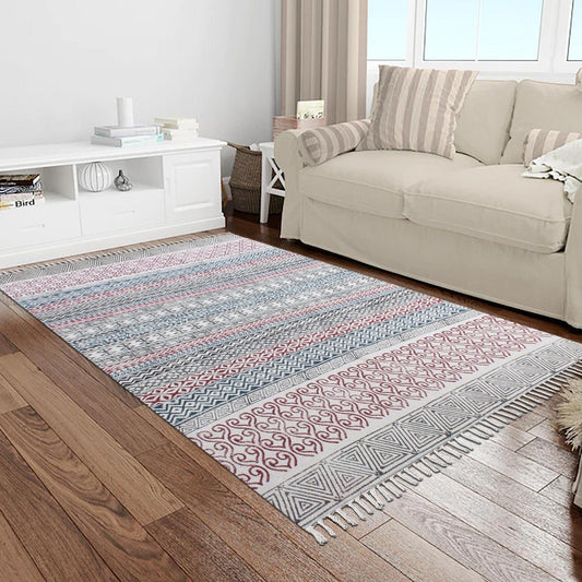 Tappeto di cotone per ingresso attraente con stampa a blocchi a mano a strisce, rosso e nero Tappeto di cotone per ingresso attraente con stampa a blocchi a mano a strisce, rosso e nero