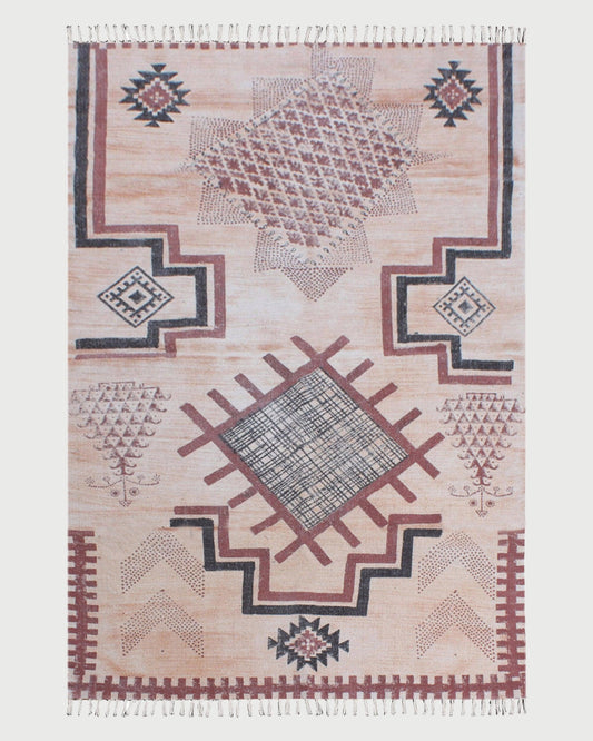 Geometric Hand Block Print Work Brown Beige Attractive Entrance Decor Cotton Rug