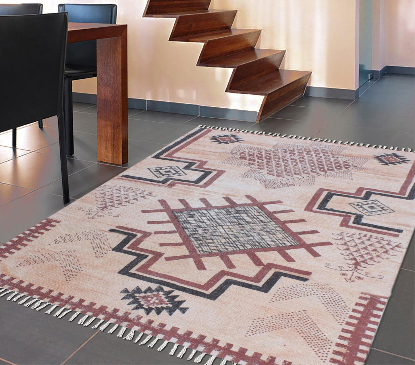 Geometric Hand Block Print Work Brown Beige Attractive Entrance Decor Cotton Rug