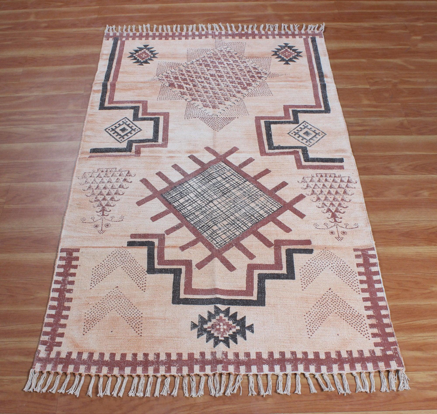 Geometric Hand Block Print Work Brown Beige Attractive Entrance Decor Cotton Rug