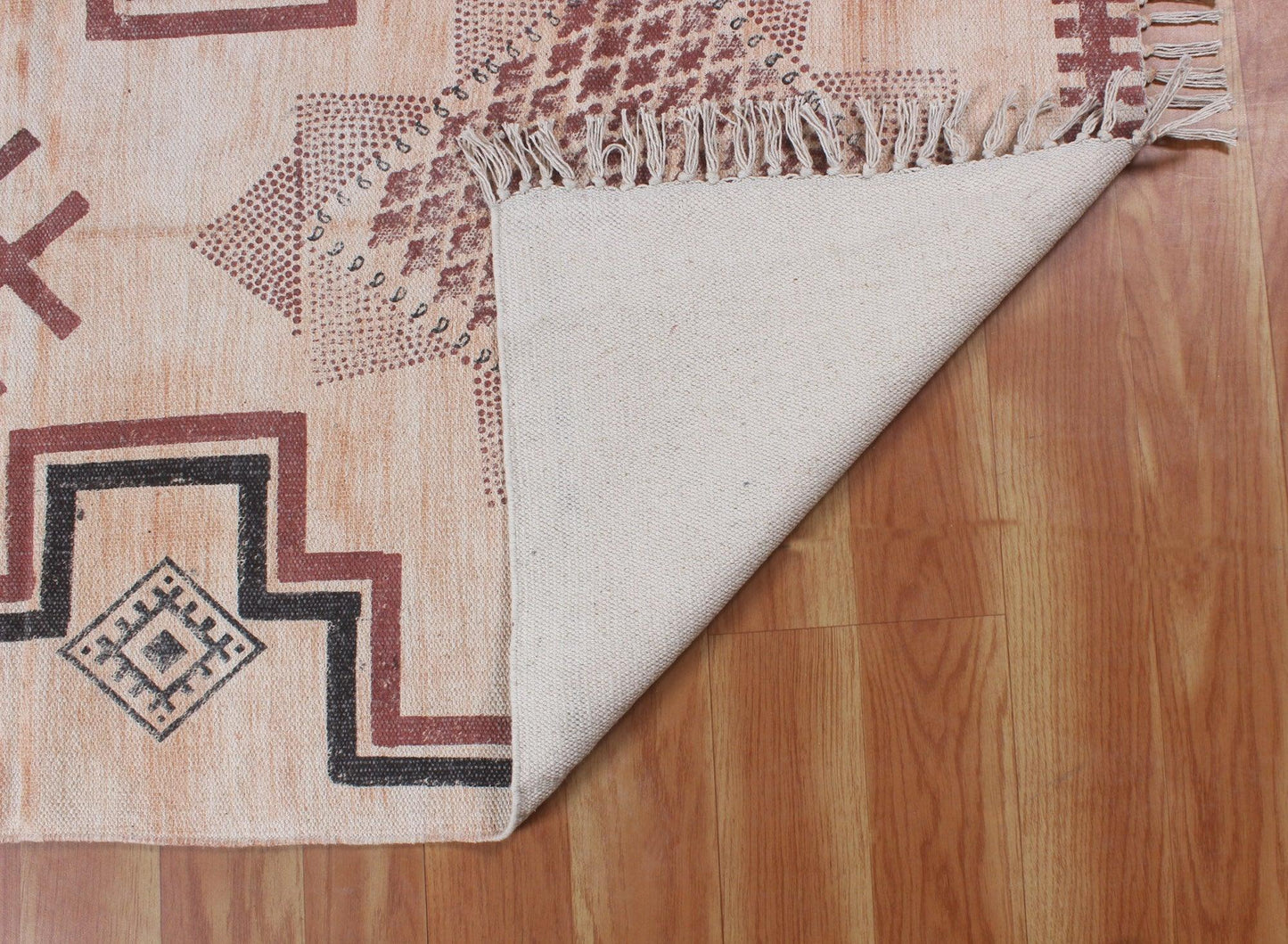 Geometric Hand Block Print Work Brown Beige Attractive Entrance Decor Cotton Rug