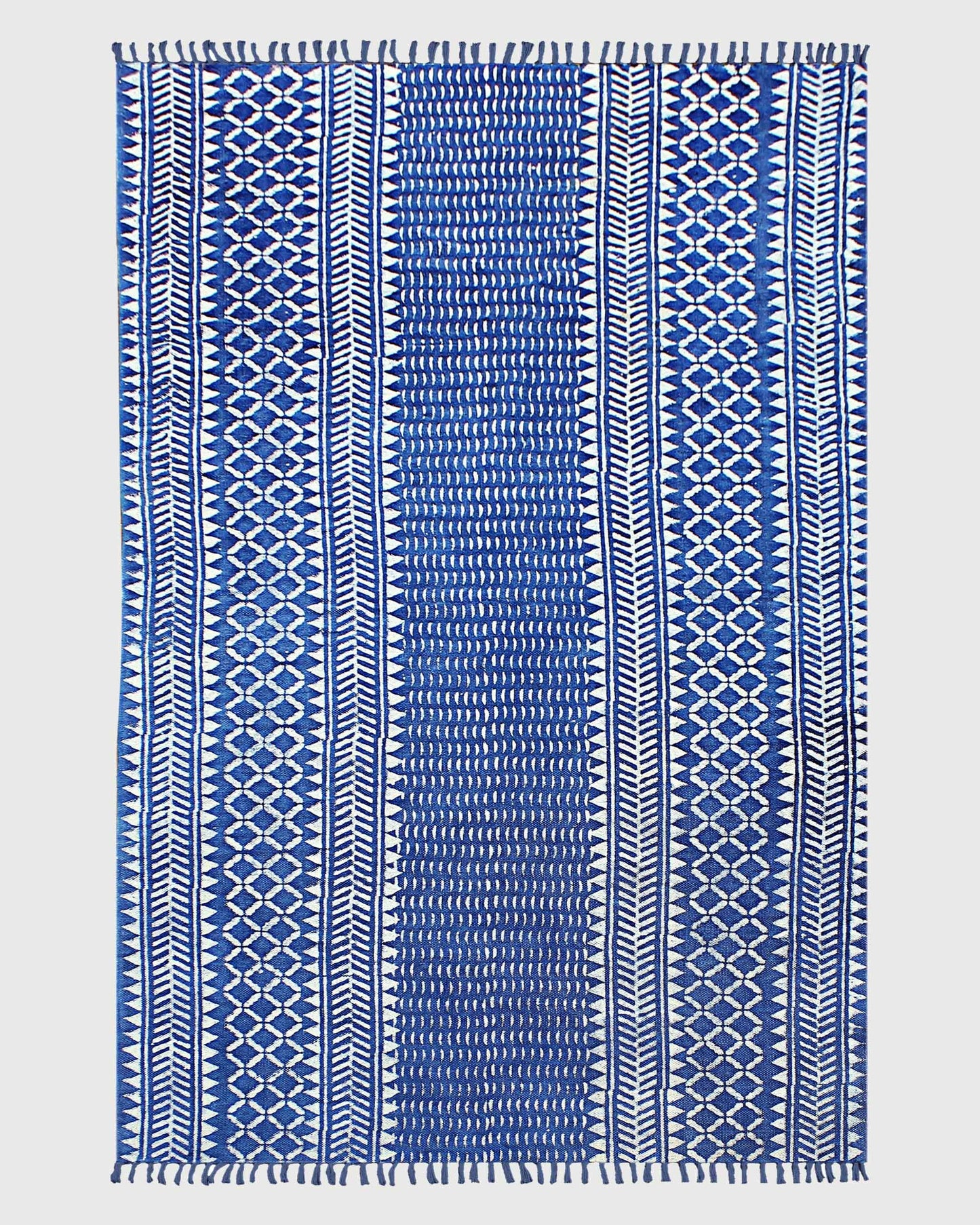 Geometric Hand Block Print Work Blue Beige Attractive Entrance Decor Cotton Rug