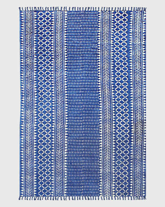 Geometric Hand Block Print Work Blue Beige Attractive Entrance Decor Cotton Rug