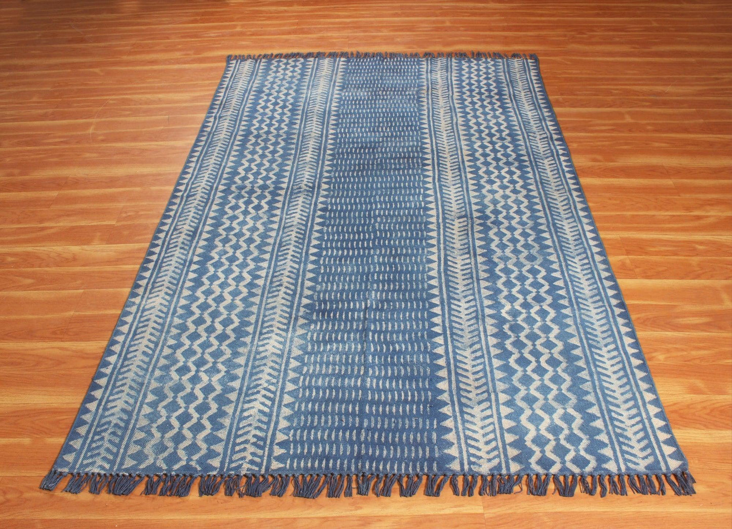 Geometric Hand Block Print Work Blue Beige Attractive Entrance Decor Cotton Rug