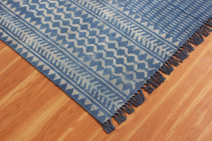 Geometric Hand Block Print Work Blue Beige Attractive Entrance Decor Cotton Rug