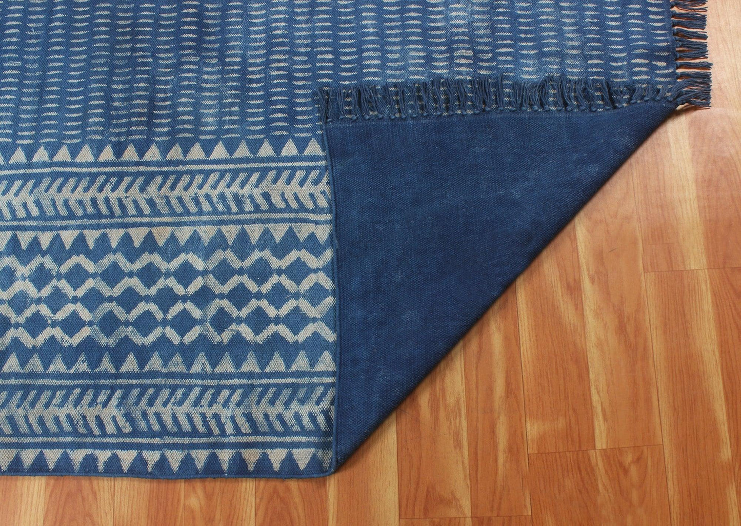 Geometric Hand Block Print Work Blue Beige Attractive Entrance Decor Cotton Rug