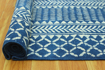 Geometric Hand Block Print Work Blue Beige Attractive Entrance Decor Cotton Rug