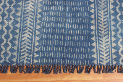 Geometric Hand Block Print Work Blue Beige Attractive Entrance Decor Cotton Rug