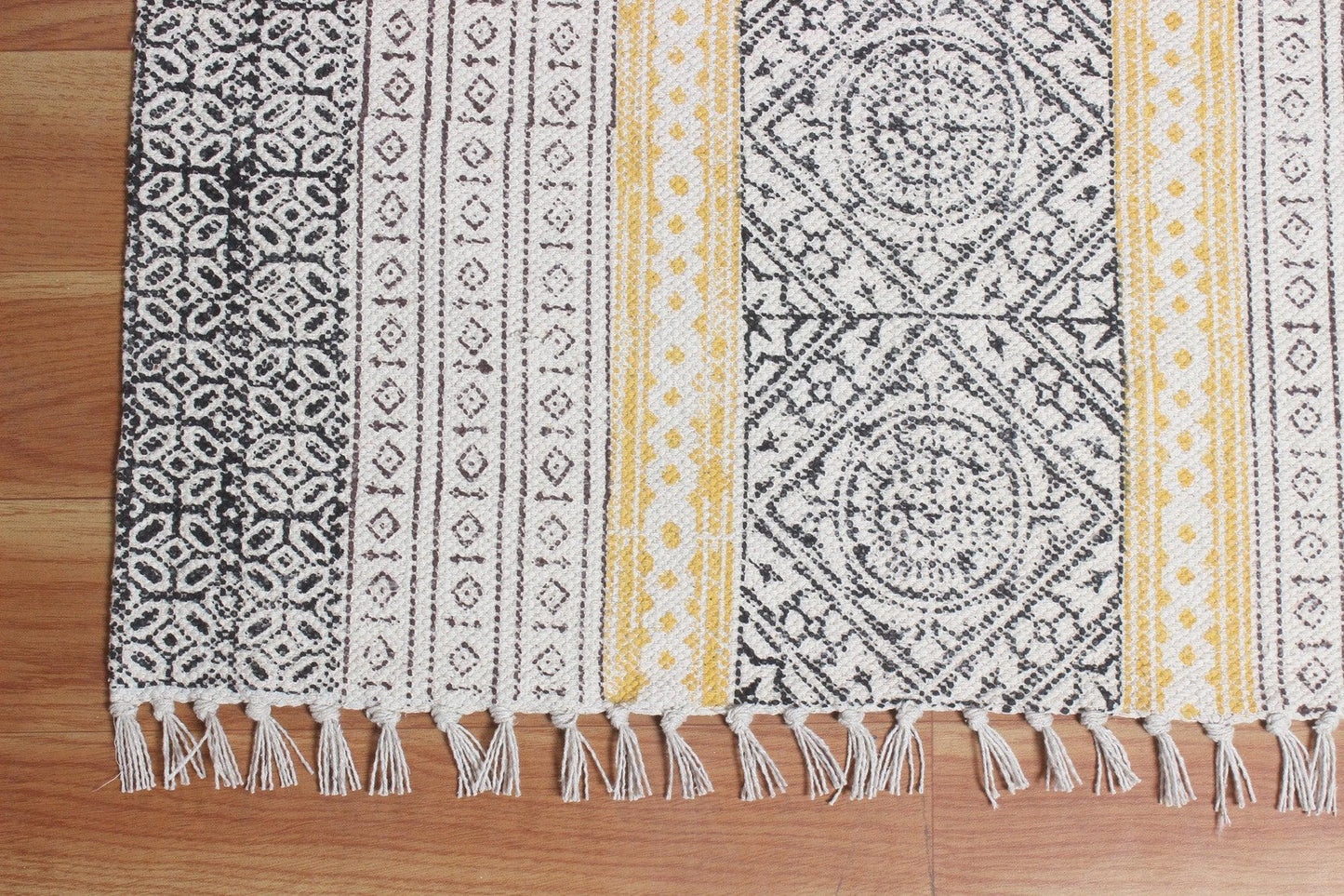 Geometric Hand Block Print Work Yellow Black Attractive Entrance Decor Cotton Rug