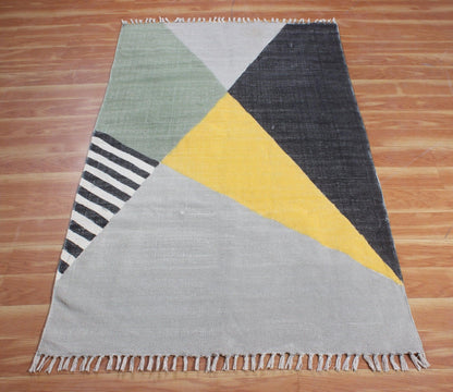 Geometric Hand Block Print Work Black Yellow Attractive Entrance Decor Cotton Rug