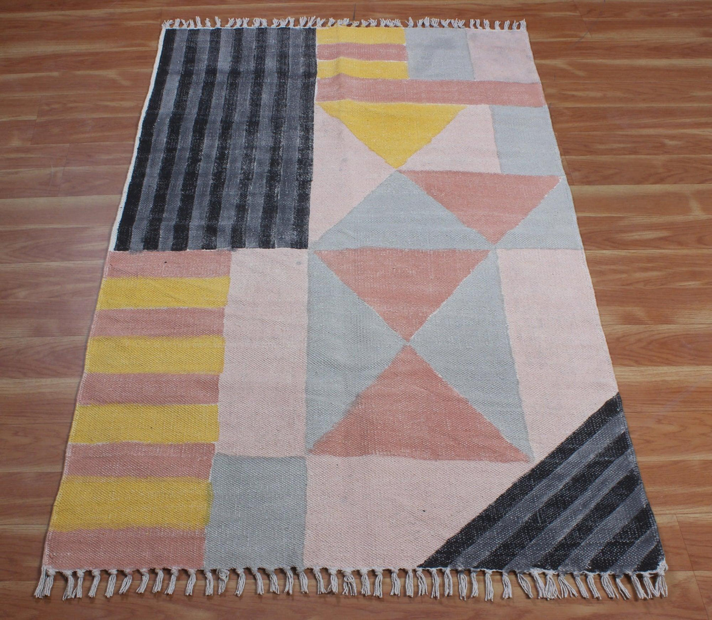 Geometric Hand Block Print Orange Black Attractive Entrance Decor Cotton Rug