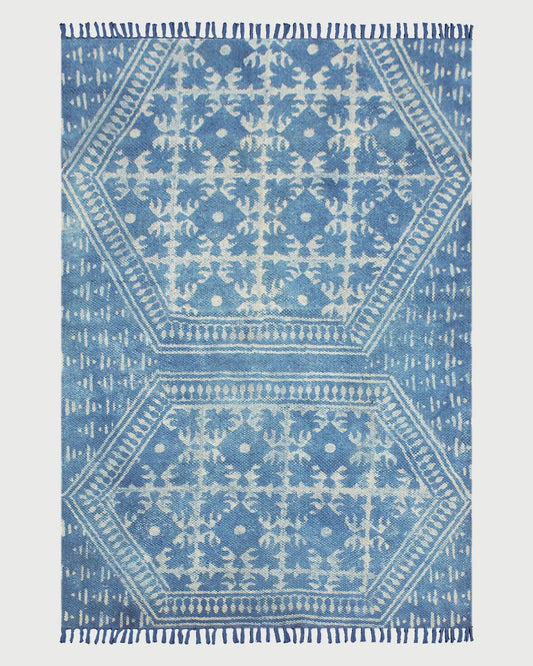 Geometric Hand Block Print Blue Beige Attractive Entrance Decor Cotton Rug