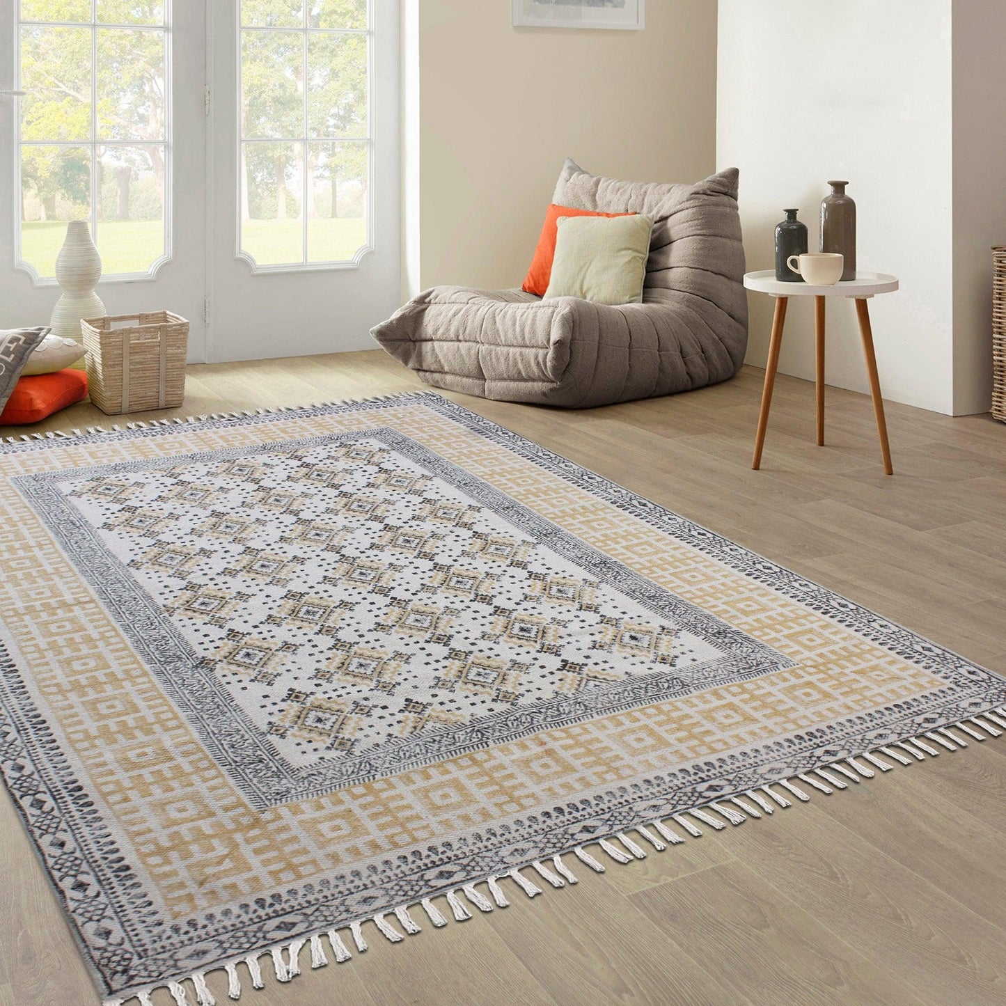 Oriental Hand Block Print Brown Beige Classic Entrance Decor Cotton Rug