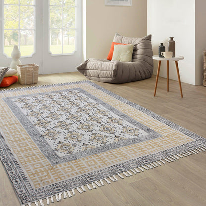 Oriental Hand Block Print Brown Beige Classic Entrance Decor Cotton Rug