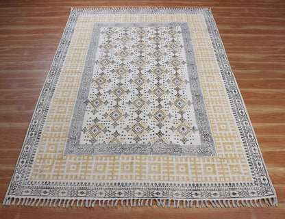 Oriental Hand Block Print Brown Beige Classic Entrance Decor Cotton Rug