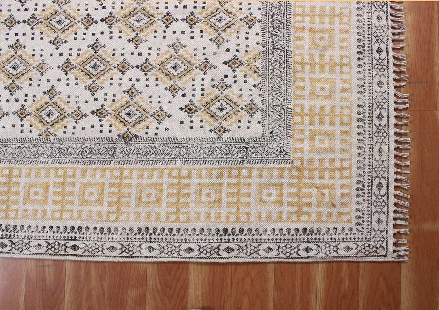 Oriental Hand Block Print Brown Beige Classic Entrance Decor Cotton Rug