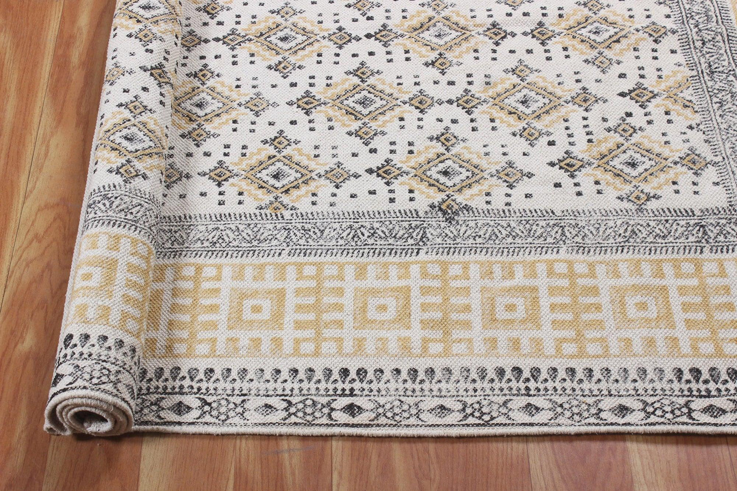 Oriental Hand Block Print Brown Beige Classic Entrance Decor Cotton Rug