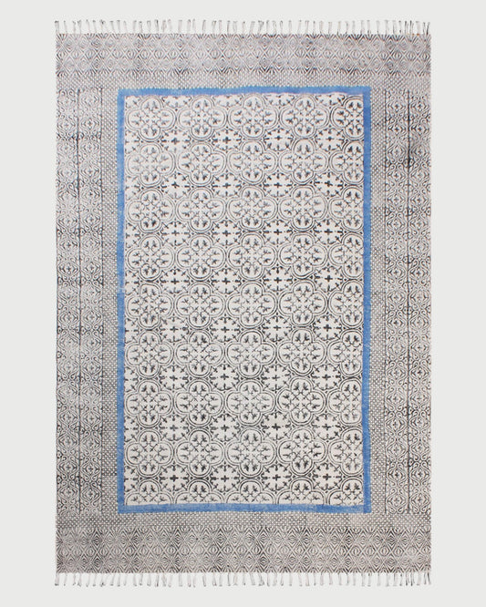 Bordered Hand Block Print Black Blue Classic Entrance Decor Cotton Rug