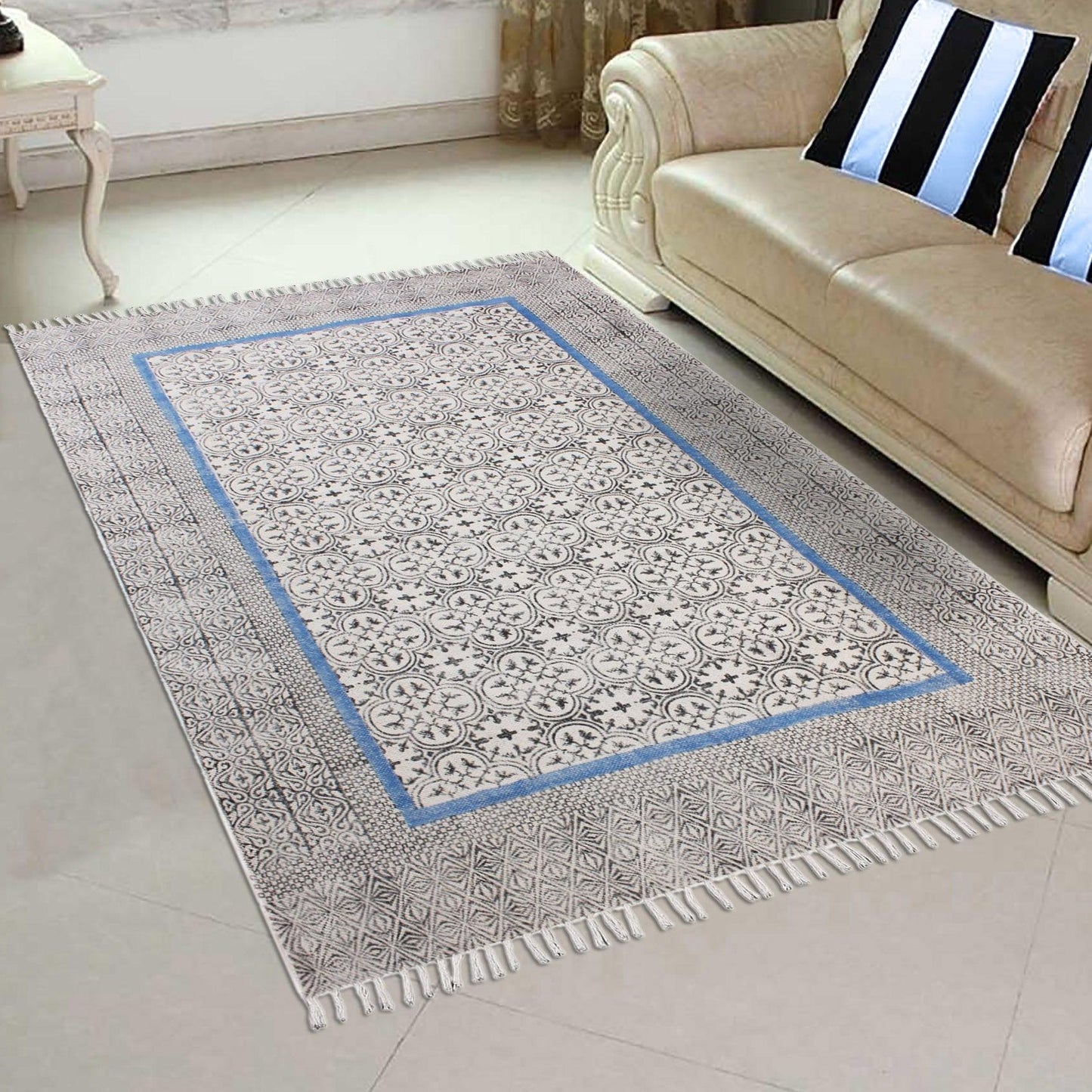 Bordered Hand Block Print Black Blue Classic Entrance Decor Cotton Rug