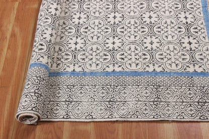 Bordered Hand Block Print Black Blue Classic Entrance Decor Cotton Rug