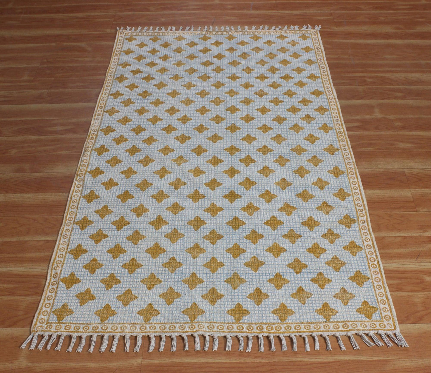 Geometric Hand Block Print Yellow Blue Classic Entrance Decor Cotton Rug