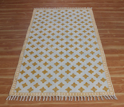 Geometric Hand Block Print Yellow Blue Classic Entrance Decor Cotton Rug