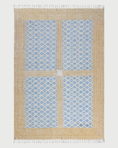 Bordered Hand Block Print Brown Blue Classic Entrance Decor Cotton Rug