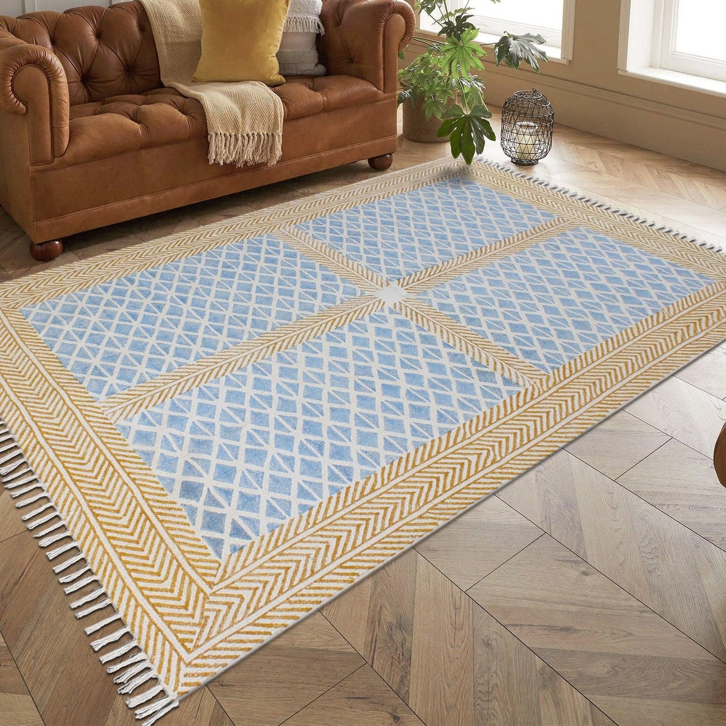 Bordered Hand Block Print Brown Blue Classic Entrance Decor Cotton Rug