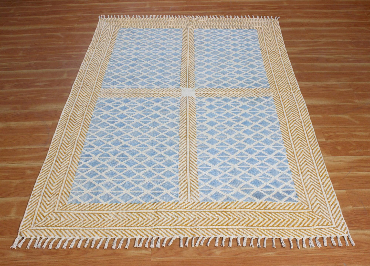 Bordered Hand Block Print Brown Blue Classic Entrance Decor Cotton Rug