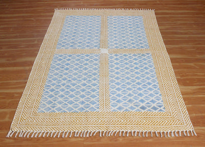 Bordered Hand Block Print Brown Blue Classic Entrance Decor Cotton Rug